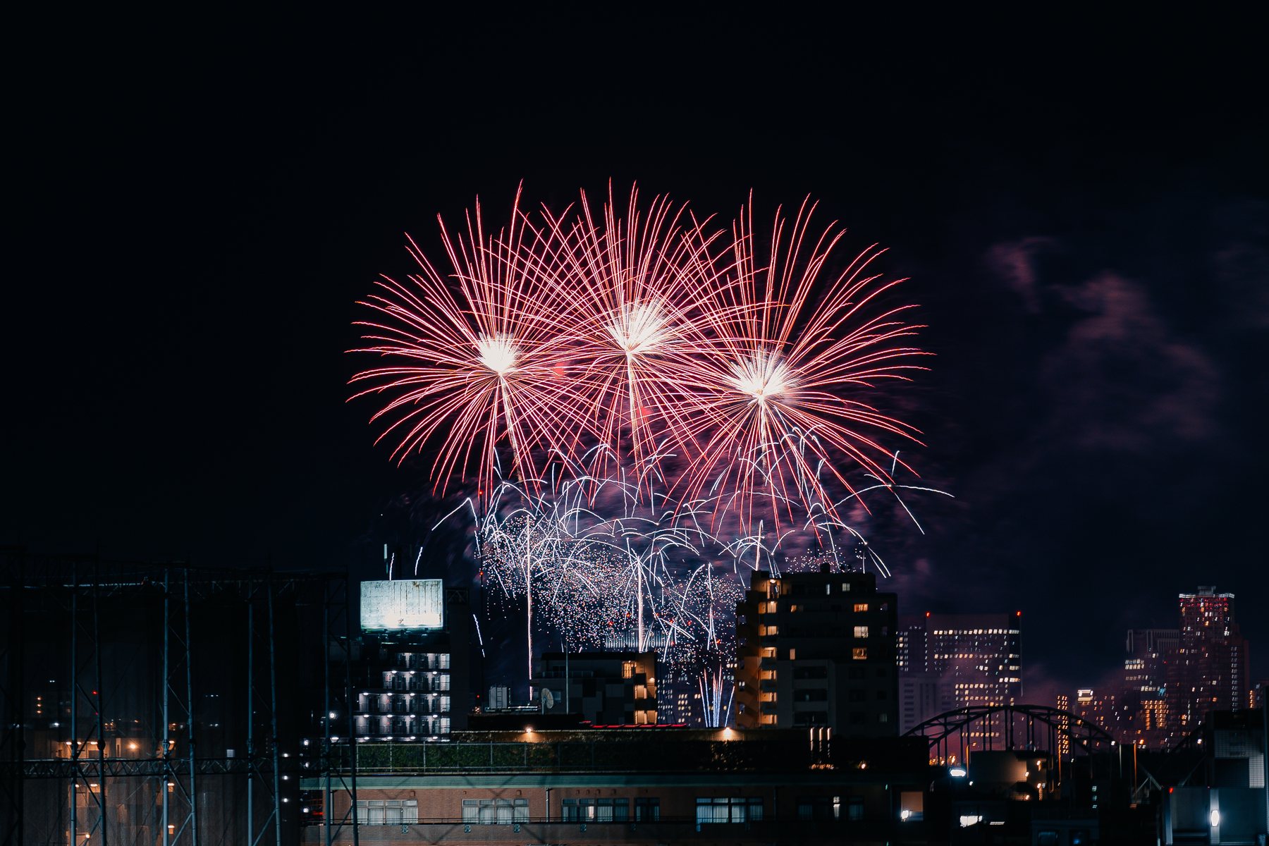 Fireworks over a Japanese city skyline at night.